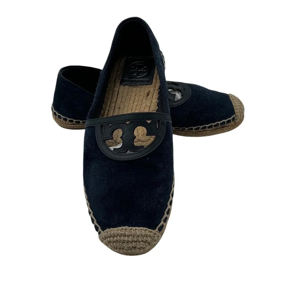 Tory Burch Navy Blue Suede Double T Logo Espadrille Flats Size‎ 5.5